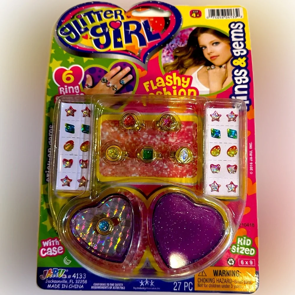 VTG 2016 GLITTER GIRL 6 RING W/ CASE STICK ON GEMS STICKER EARRINGS JEWELRY 4133